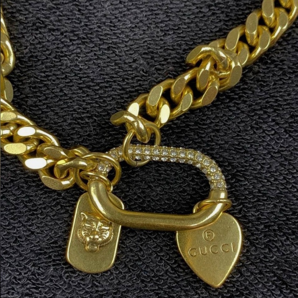 Gucci Gold Charm Necklace with Heart and Panther